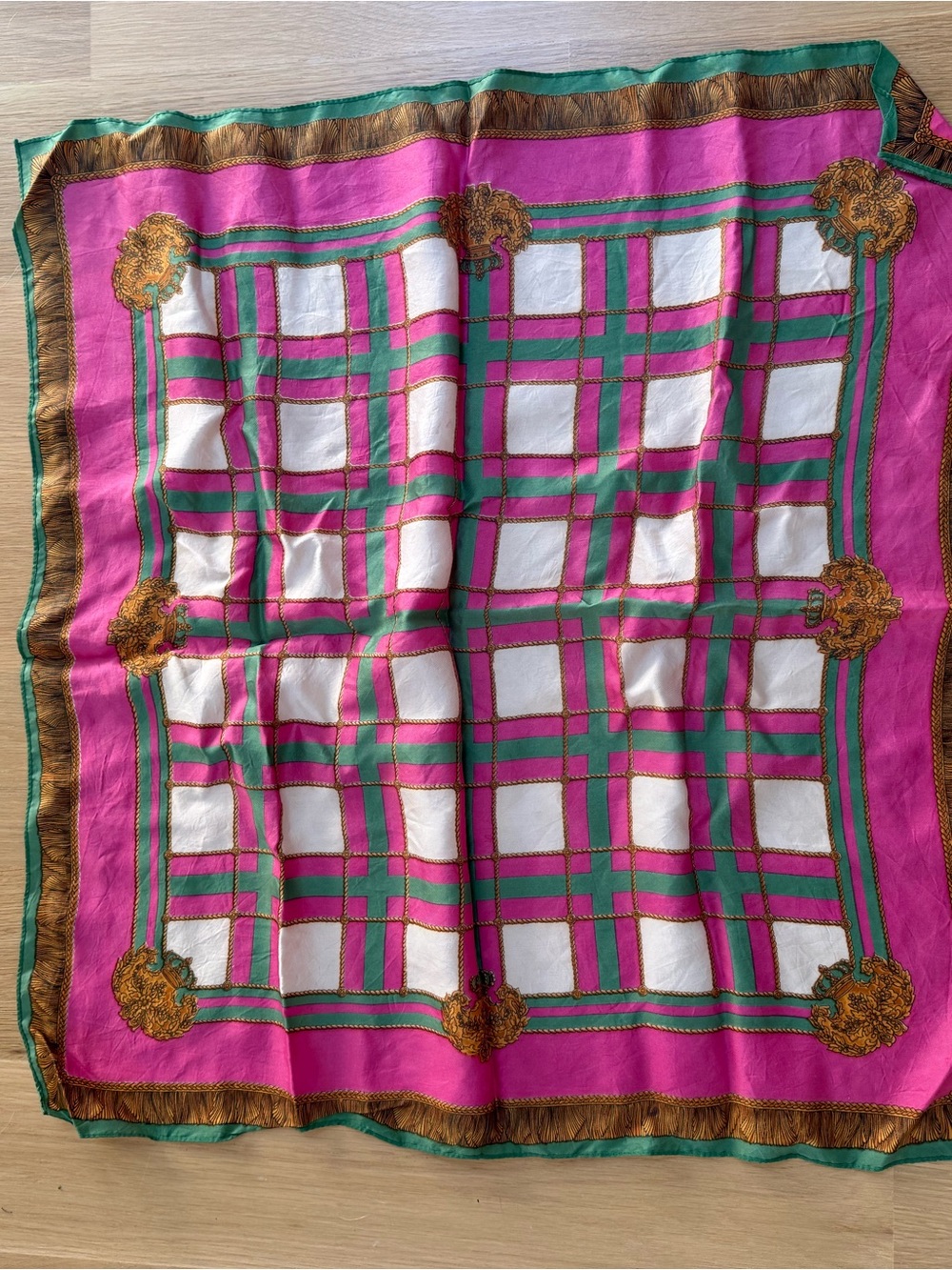 Pink and Green Plaid Silk Scarf with Gold Accent Motifs